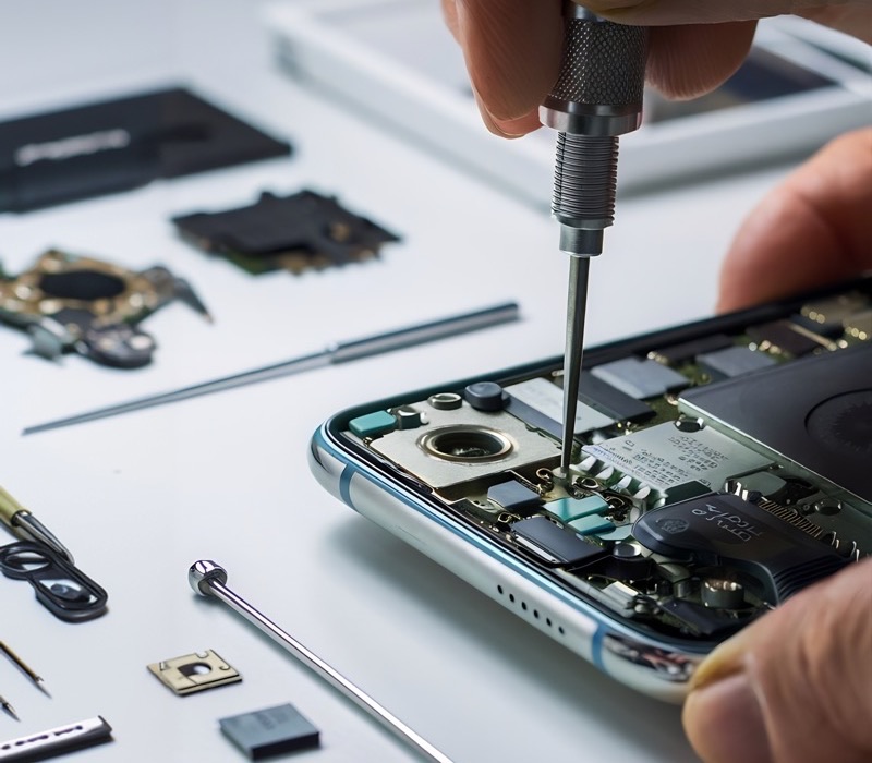 Technicien réparant la carte mère d'un smartphone